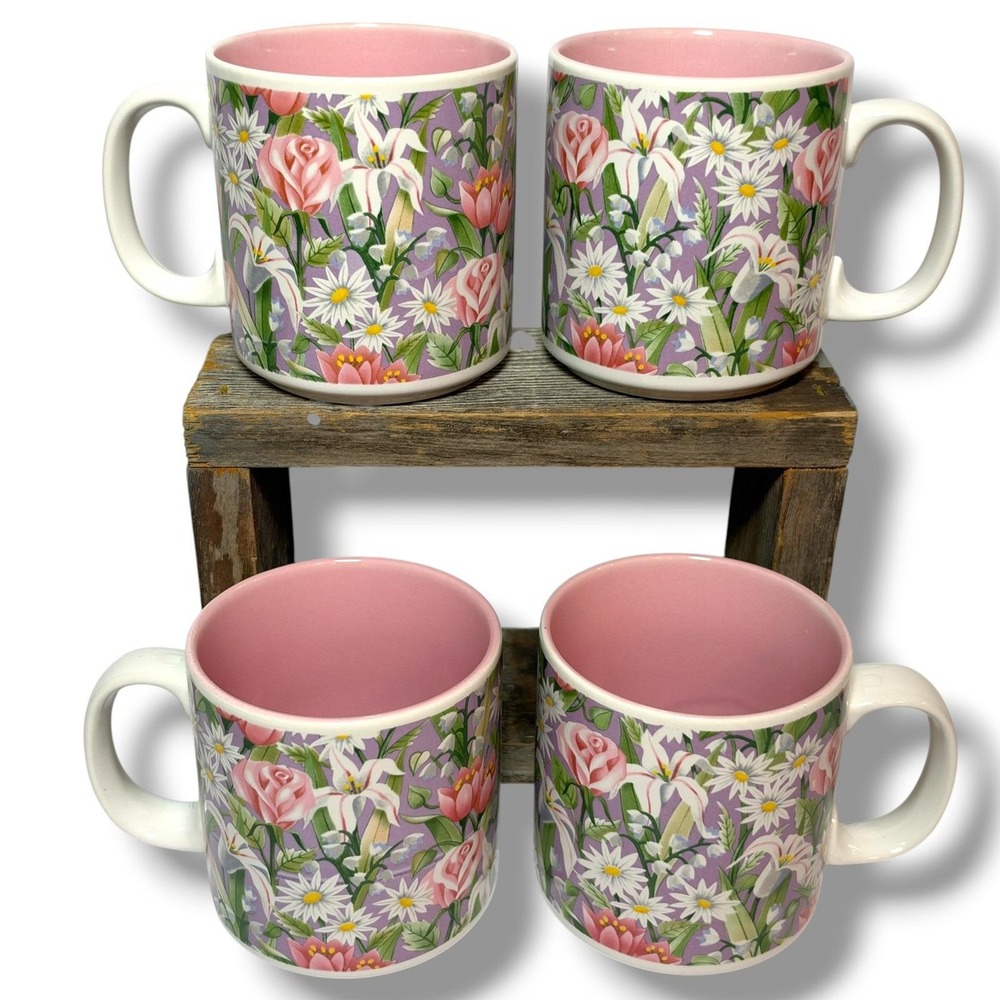Russ Berrie Flower Mugs Set 4 Pink Lining Cottagecore Easter Spring Daisy VTG